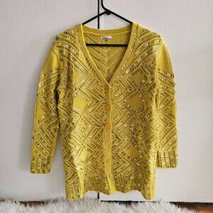Oscar de la Renta Yellow Embellished Cashmere Knit Button Front Cardigan, Size M